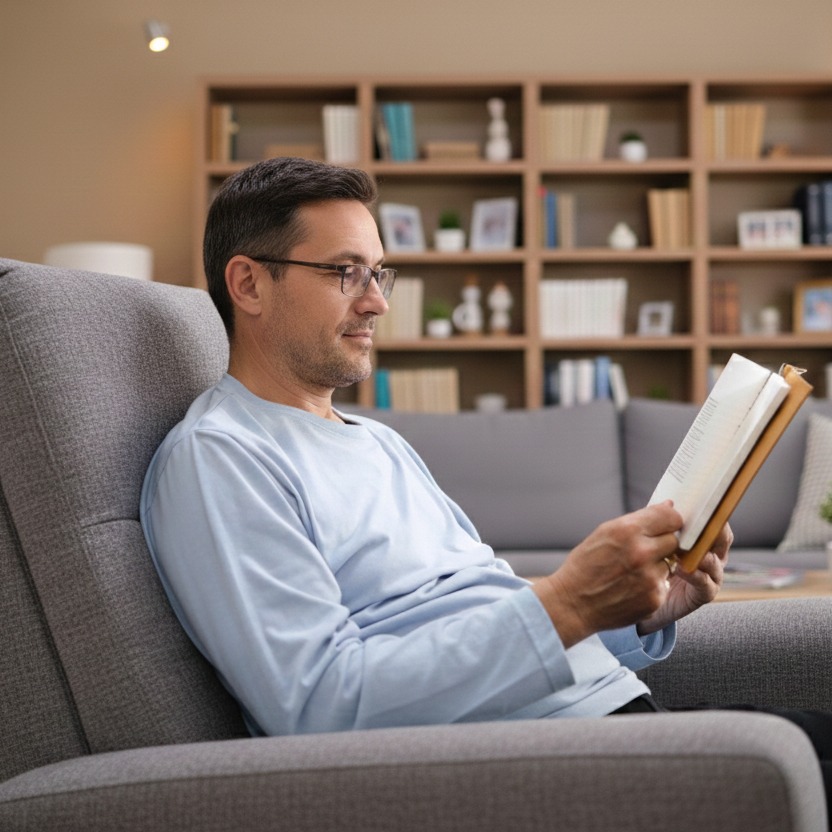 Person seated in a modern upholstered armchair reading a book, positioned in a Home & Office setting: a living room with shelving, sofa, and a table lamp in the background.