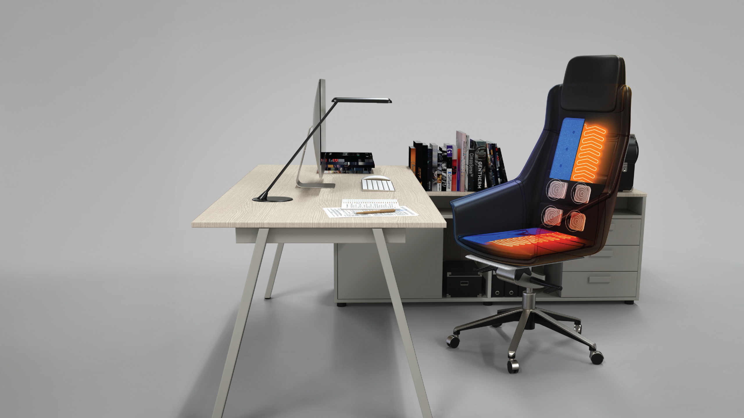 Modern Home & Office desk setup beside an ergonomic office chair featuring integrated heating and cooling zones highlighted in orange and blue to illustrate active climate-controlled seating technology.