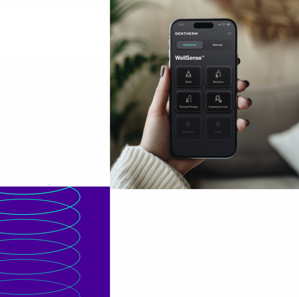 Person holding phone and using WellSense App. Phone Screen shows the WellSense screen.